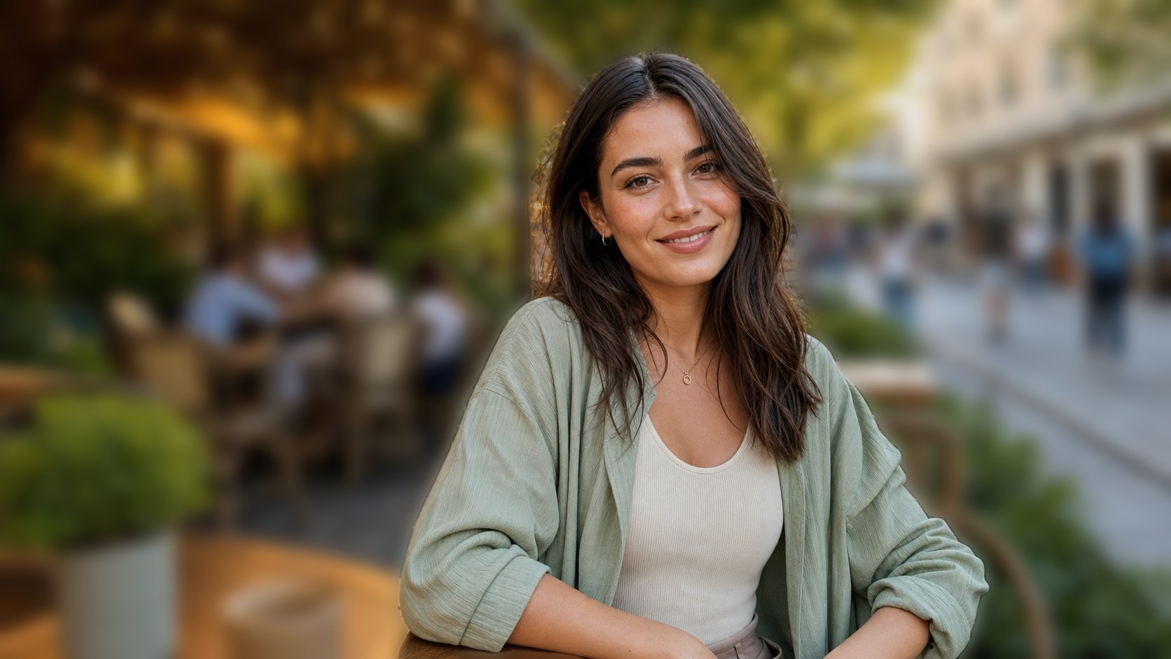 The same café portrait with a softened background
