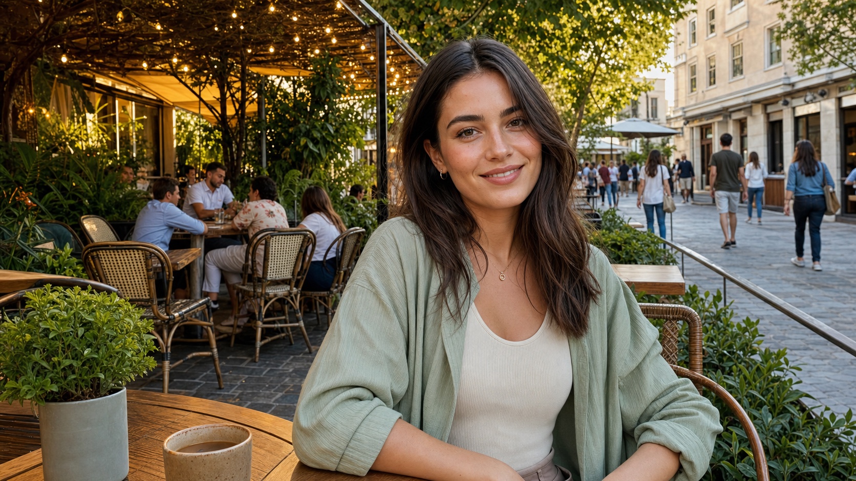 A café portrait with the original background visible